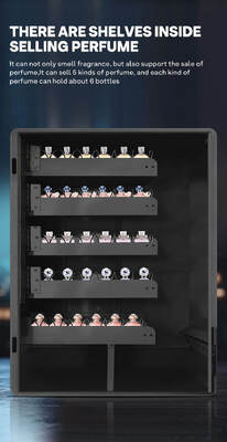 Hallo, wandmontierter Parfumspray-Verkaufsautomat kann vier verschiedene Düfte aufnehmen und verfügt über fünf Musterknöpfe für den Tischgebrauch.